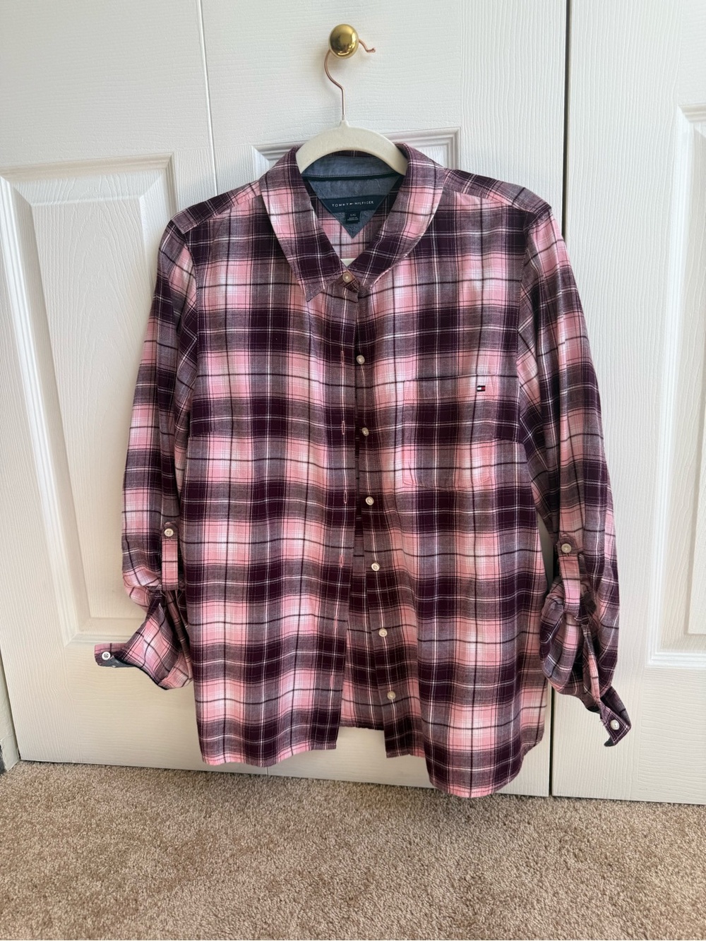 Tommy Hilfiger Pink and Burgundy Plaid Button-Down Shirt